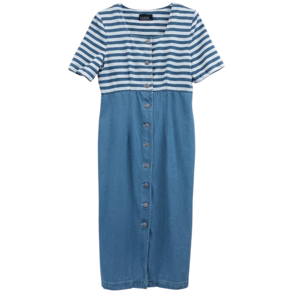 Melissa Harper Denim Dress Women L Vintage 90s Coastal Grandma Blue Stripes